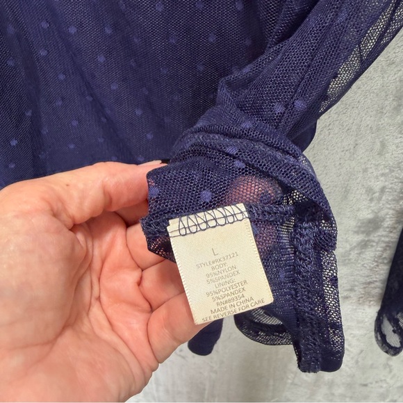 Navy Sheer Polka Dot Bell Sleeve Blouse Sz L Romantic‎ Whimsigoth Dainty - Picture 5 of 12